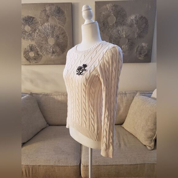 ✨ RALPH LAUREN ✨ Crest Cable-Knit Sweater - [Ivory, XXS] - Picture 6 of 13
